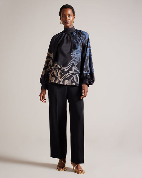 TESSAAH-Tops-When the evening calls for a nice top, TESSAAH is the go-to. Featuring our luxe gilded floral print and an oversized neck tie that brings drama to the silhouette, this blouse is both elegant and easy to wear. Satin blouse Blouson sleeves High neck Ombre gilded floral print Oversized neck tie Gathered neckline Zip fastening Silvia is 5'11" / 1.8m and wears Blue in a Ted size 1- Ted Baker Romania